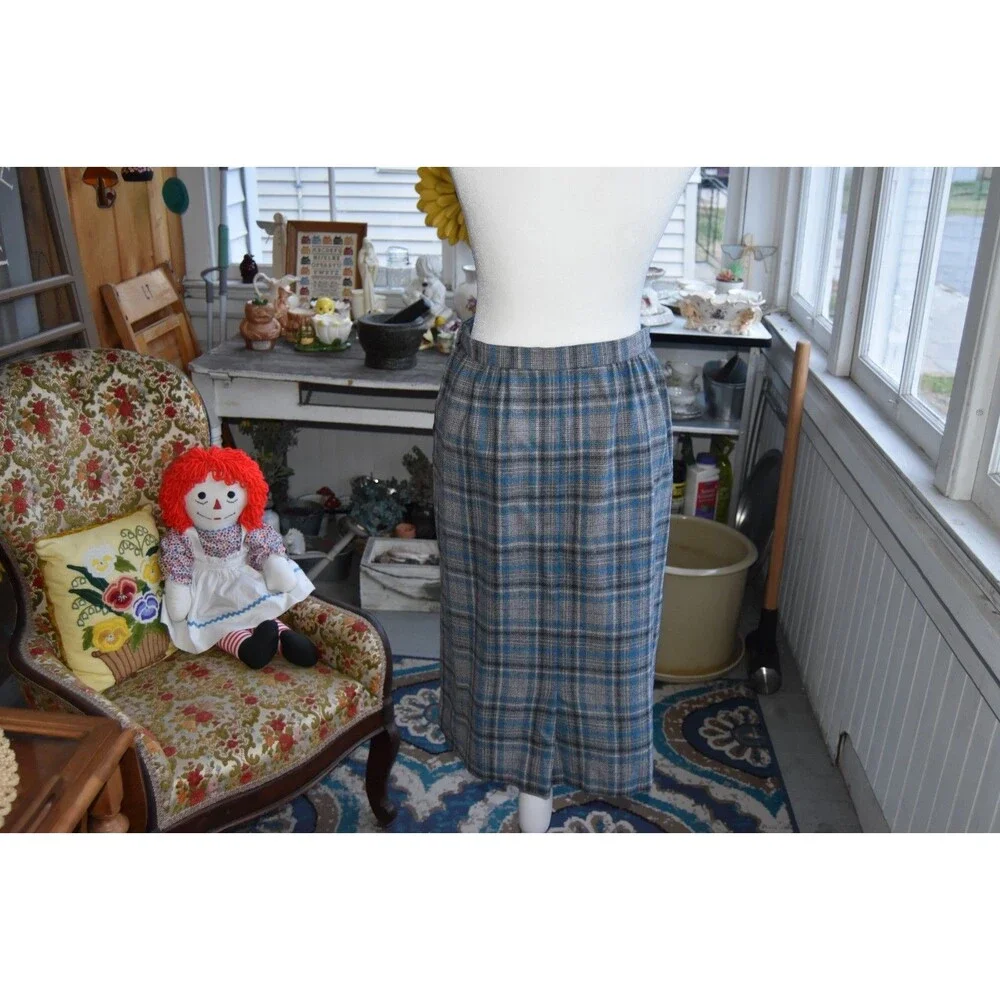 Womens Vintage PENDLETON Gray Blue Plaid Tartan Wool Pencil Skirt Sz M USA MADE